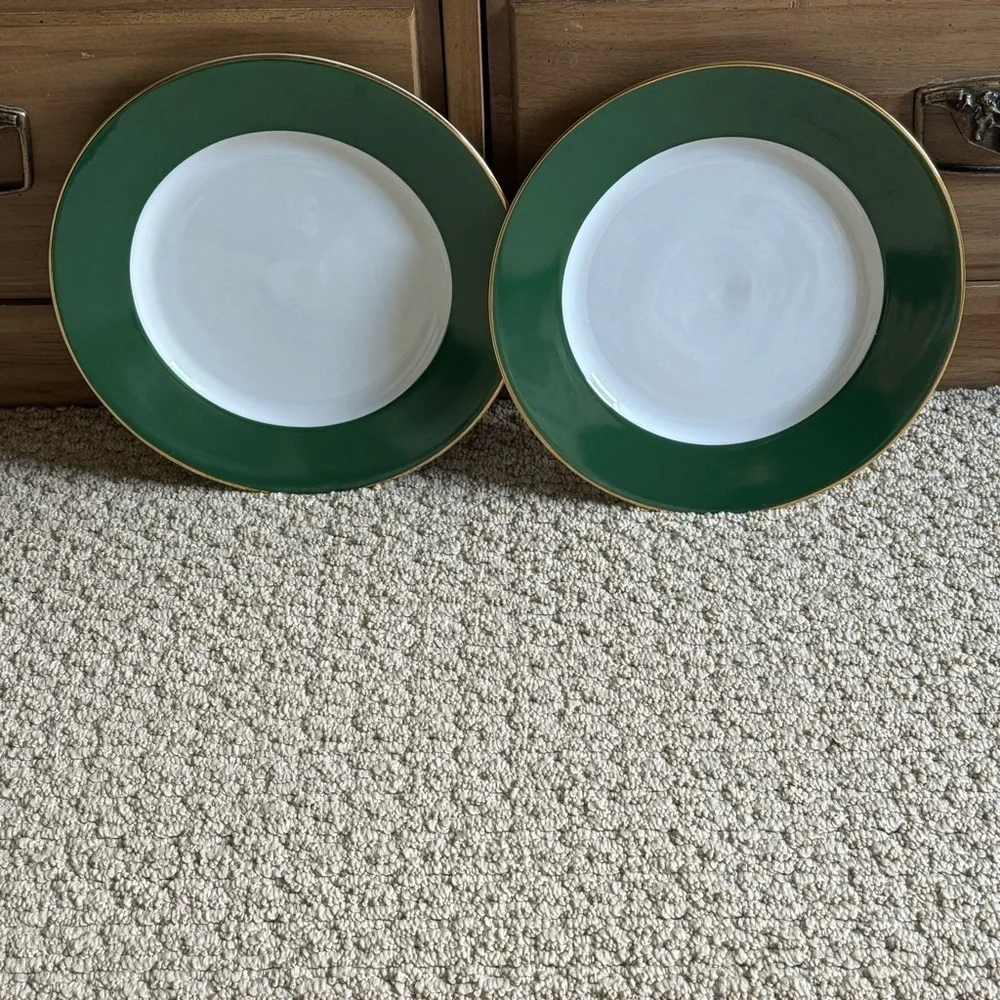 Crate&Barrel White Green and 14k Gold Plated Porcelain Dinner Plates Set…
